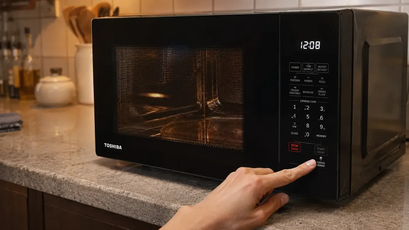 Hand setting the sensor reheat button on the Toshiba countertop microwave