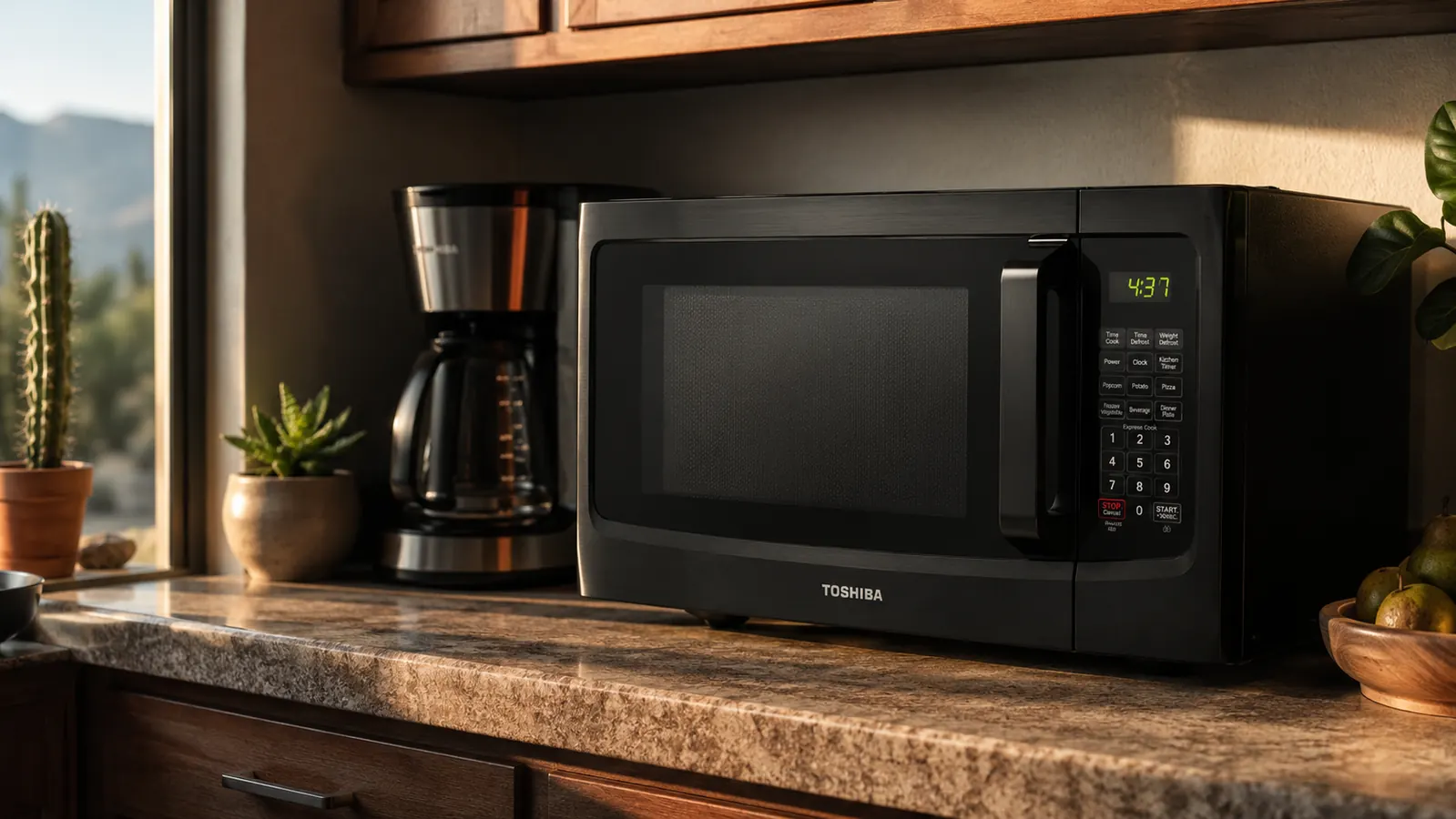 Toshiba countertop microwave on a tidy kitchen counter beside a coffee maker