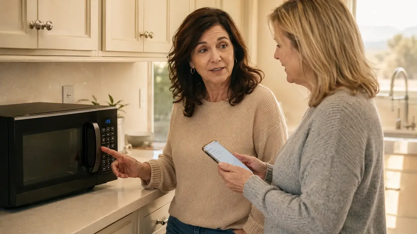 Two women in their fifties standing at a kitchen counter comparing notes near a countertop microwave