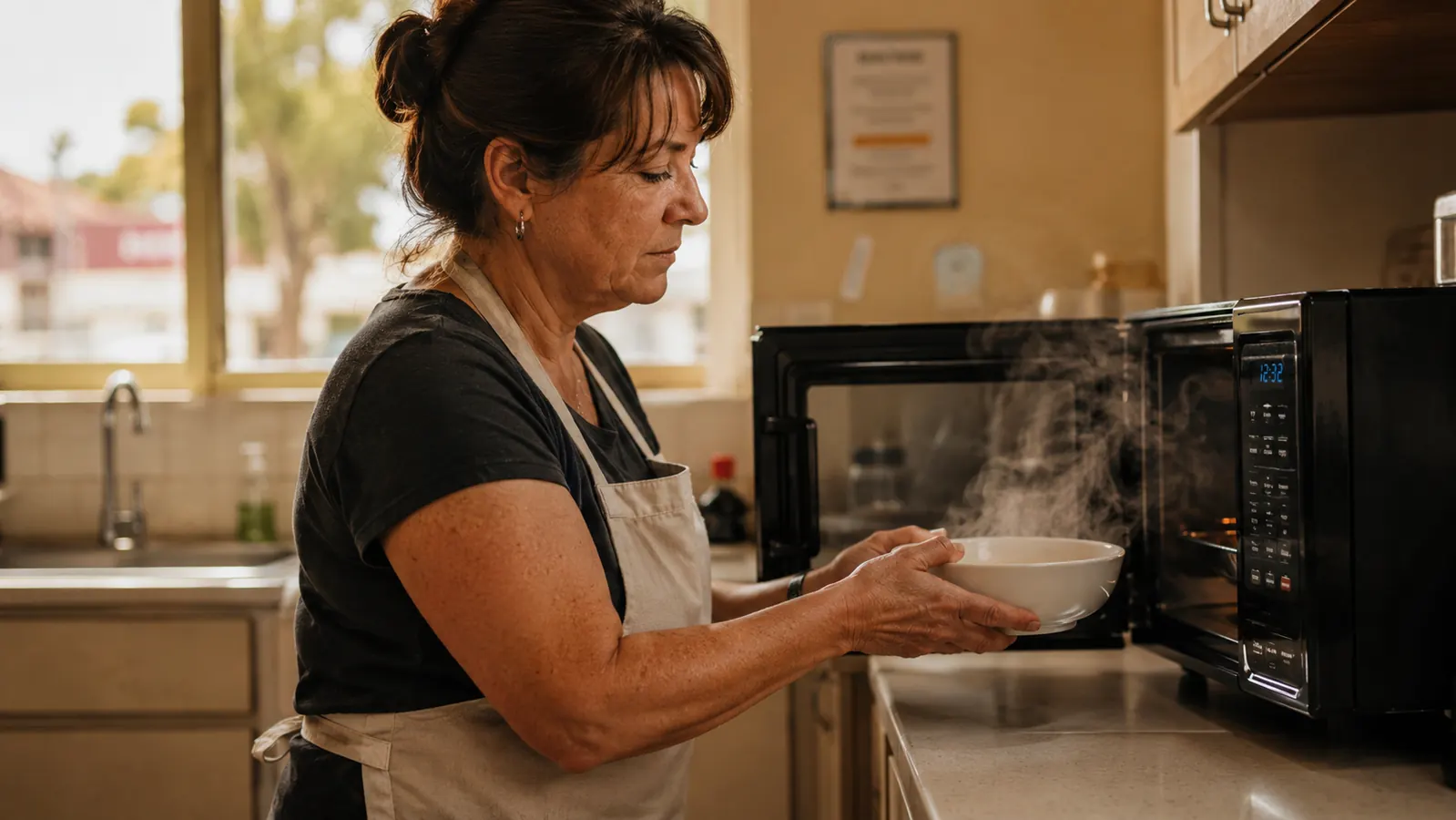 Woman in her fifties pulling a bowl of reheated soup out of a countertop microwave in a warm kitchen