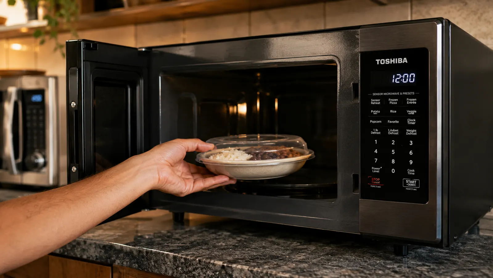 Hand placing a covered bowl of leftovers into the Toshiba countertop microwave during a side-by-side test