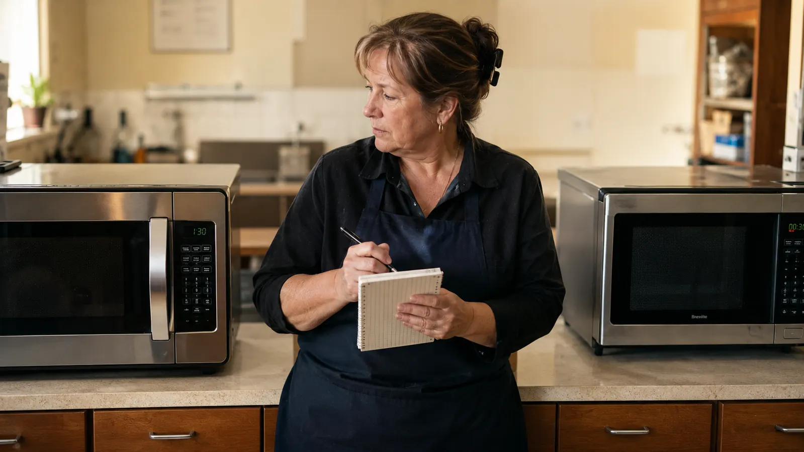Woman comparing two countertop microwaves on her kitchen counter with a notebook